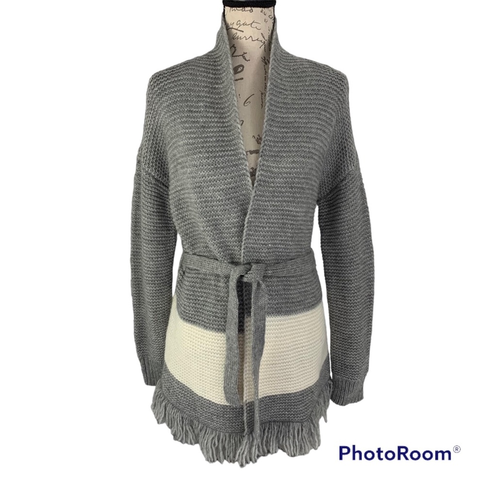 Loft Wool Blend Striped Self-Tie Fringed Hem Sweater Cardigan Gray Ivory Small